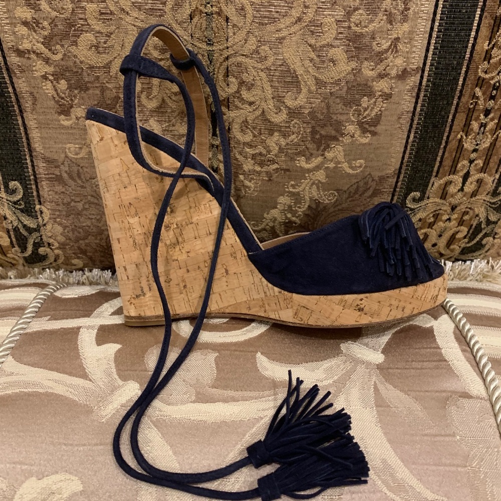 Aquazurra navy blue wrap around wedges